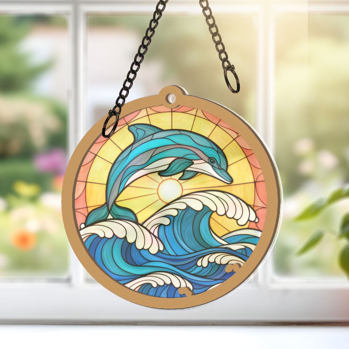 Dolphin Wave Circle Window Hanging Suncatcher