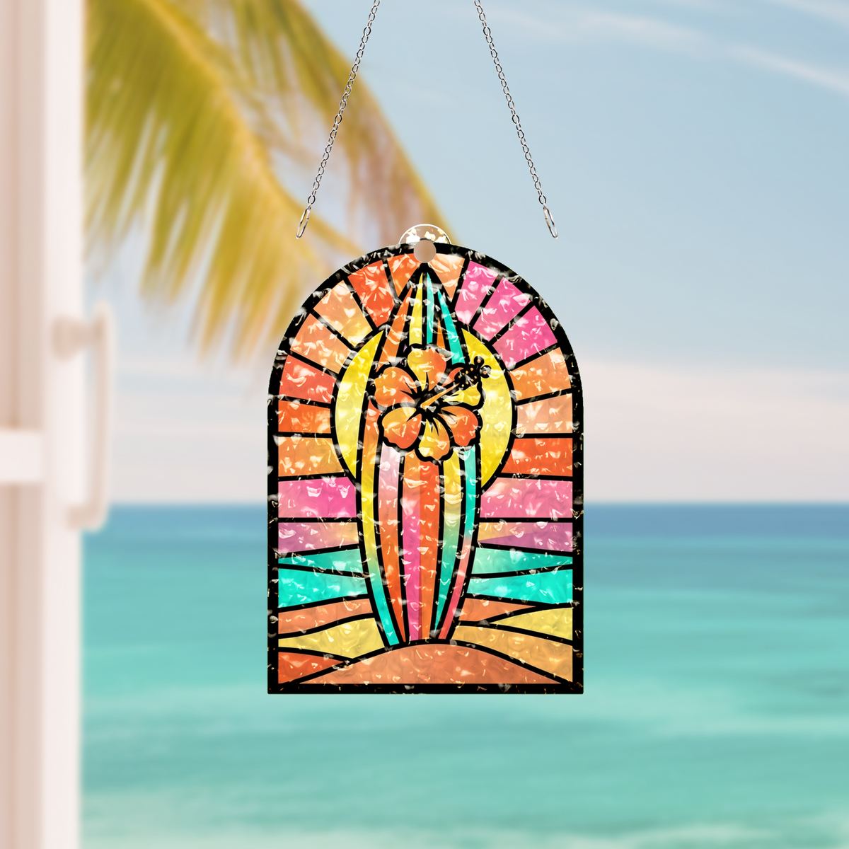 Surfboard Sunset Arch Water Ripple Suncatcher