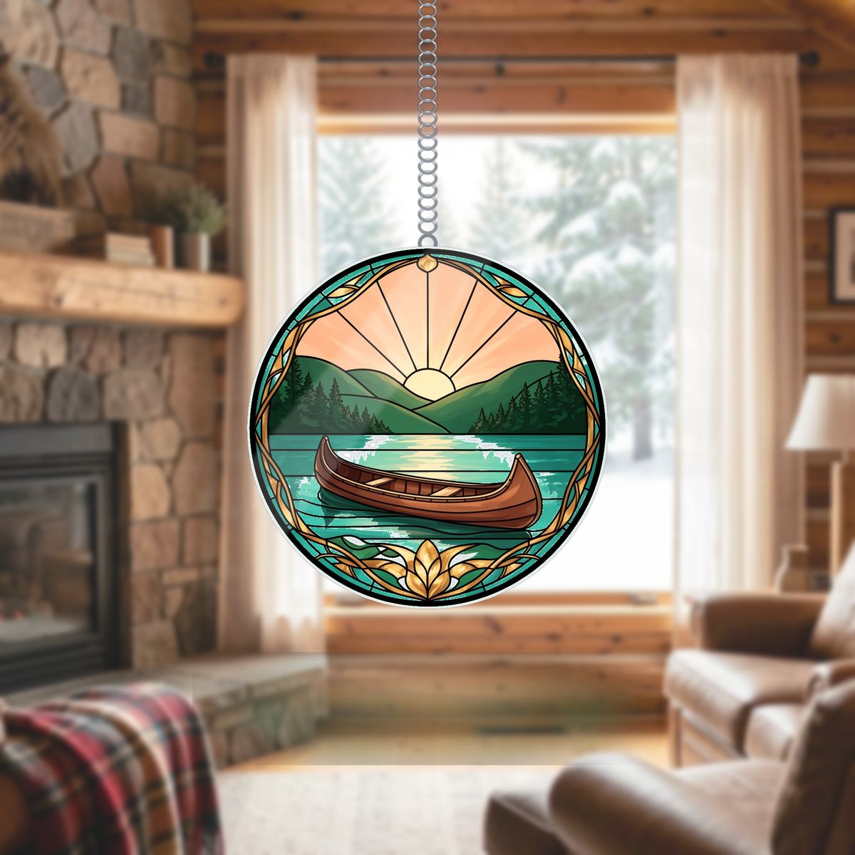 Canoe Lake Sunrise Circle Wavy Acrylic Suncatcher Ornament