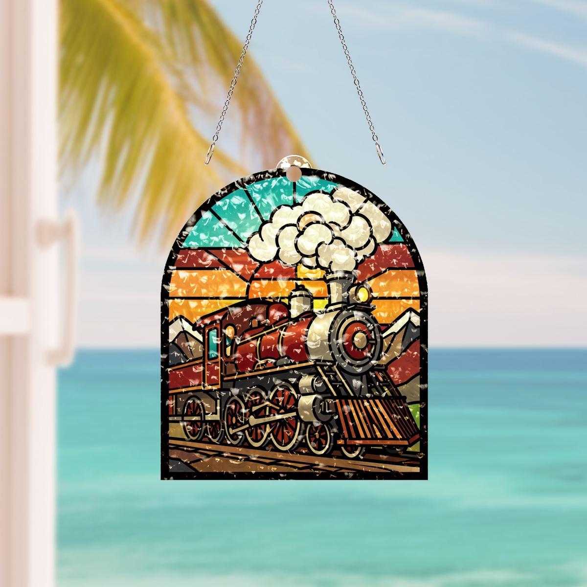 Steam Train Mountain Arch Water Ripple Suncatcher