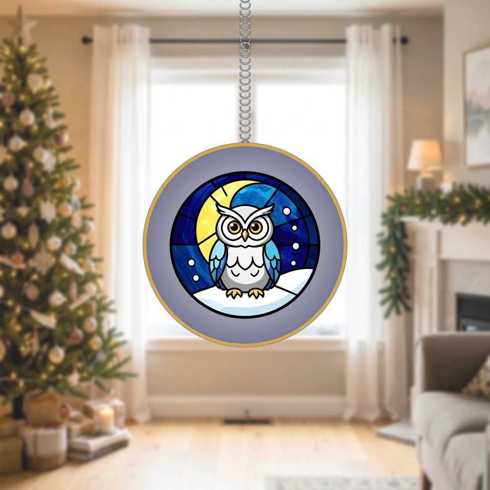 Snowy Owl Winter Moon Stained Glass Suncatcher with Golden Frame