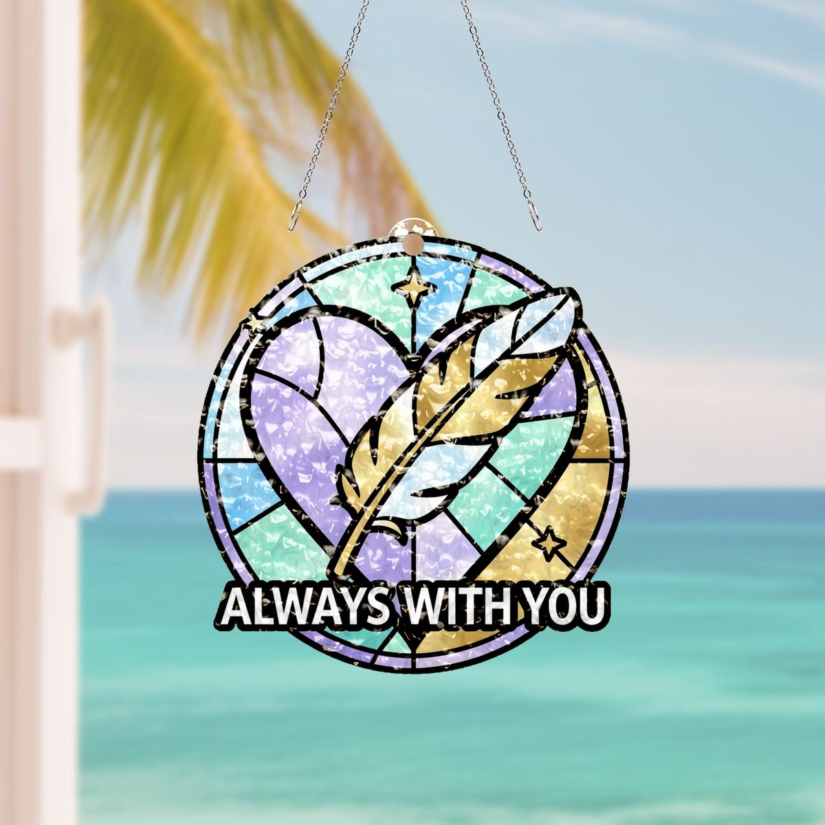 Feather Heart Remembrance Circle Water Ripple Suncatcher