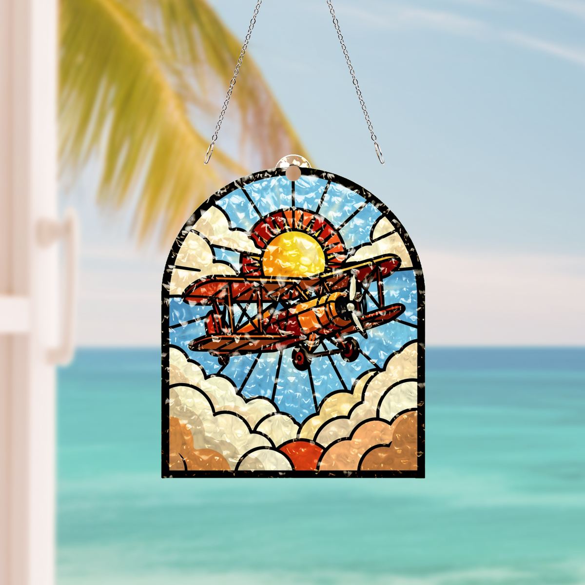 Vintage Biplane Clouds Arch Water Ripple Suncatcher
