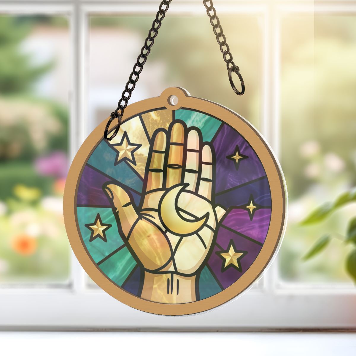 Celestial Hand Moon Circle Window Hanging Suncatcher
