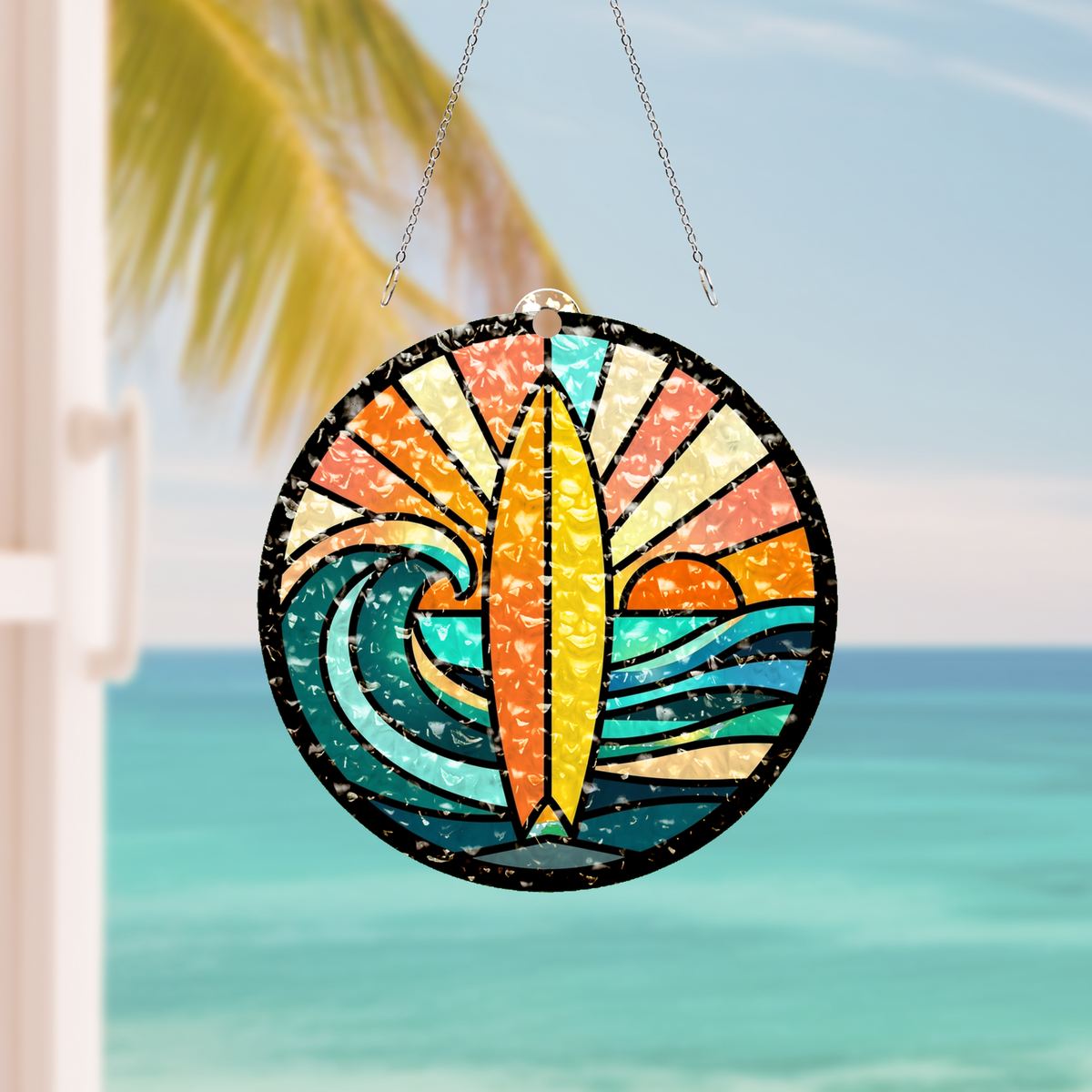 Surfboard Wave Sunset Circle Water Ripple Suncatcher