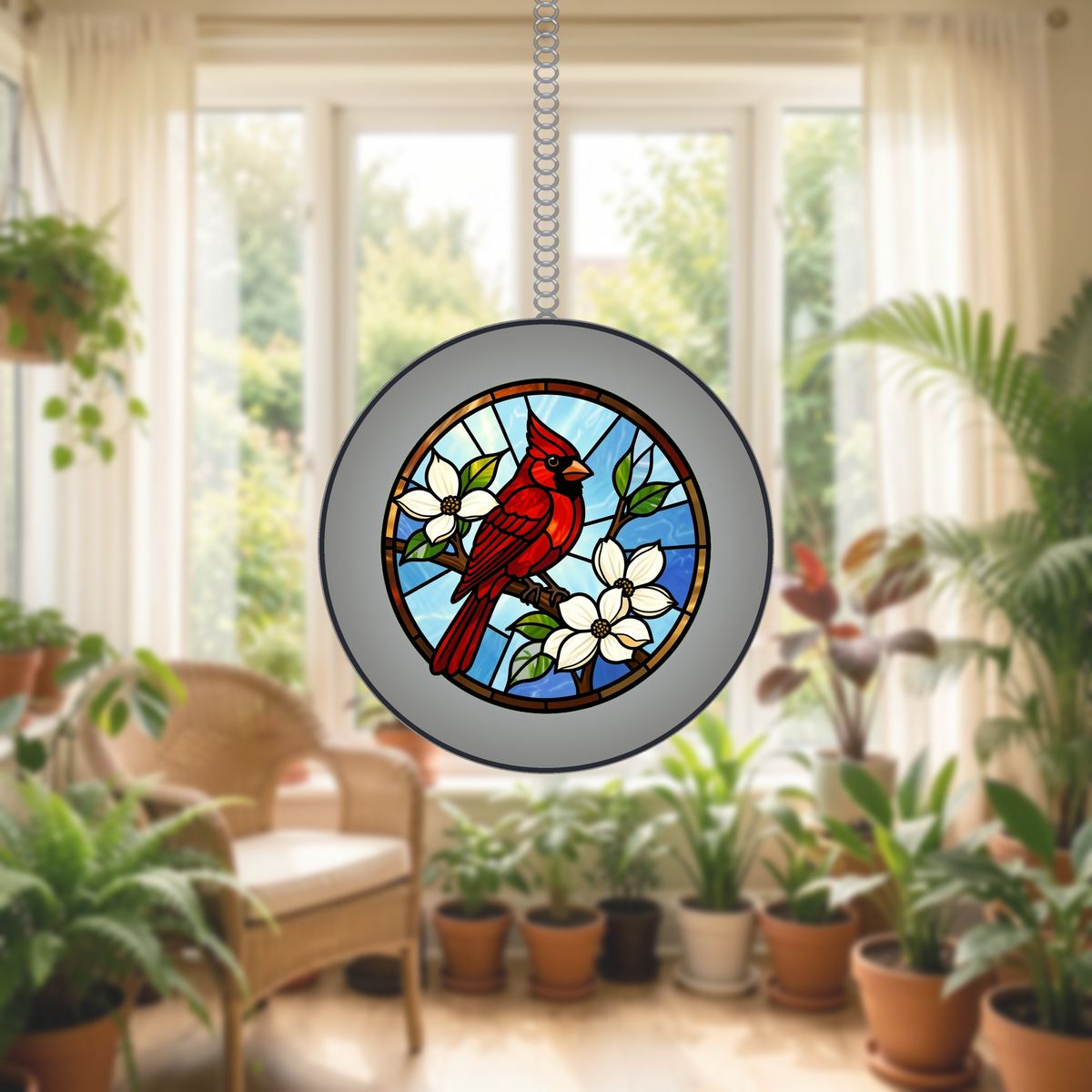 Cardinal Dogwood Circle Stained Glass Suncatcher