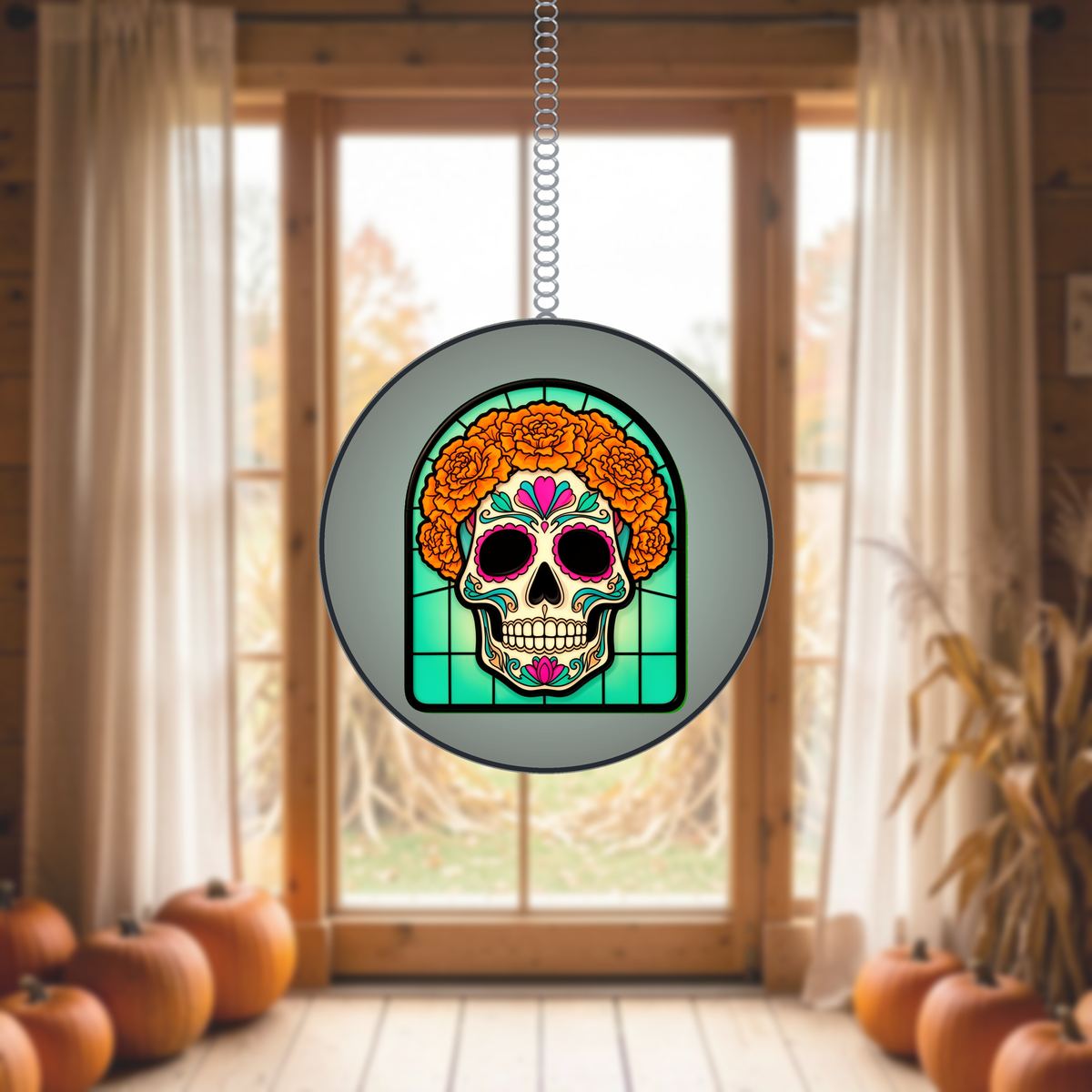 Sugar Skull Marigold Arch Stained Glass Suncatcher