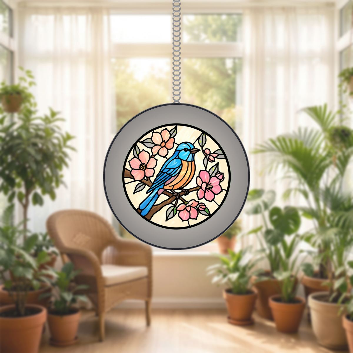 Bluebird Blossom Circle Stained Glass Suncatcher