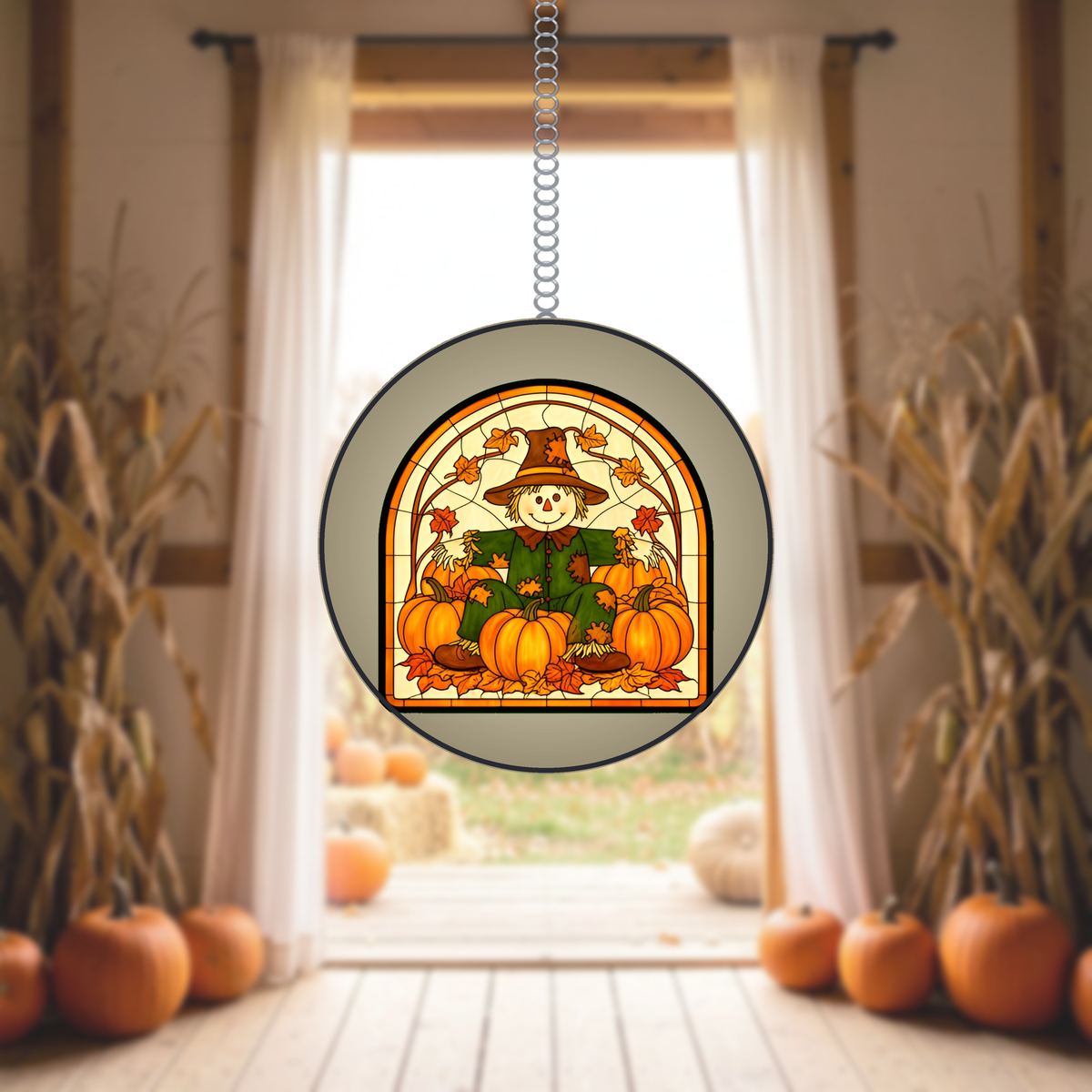 Scarecrow Pumpkin Patch Arch Stained Glass Suncatcher