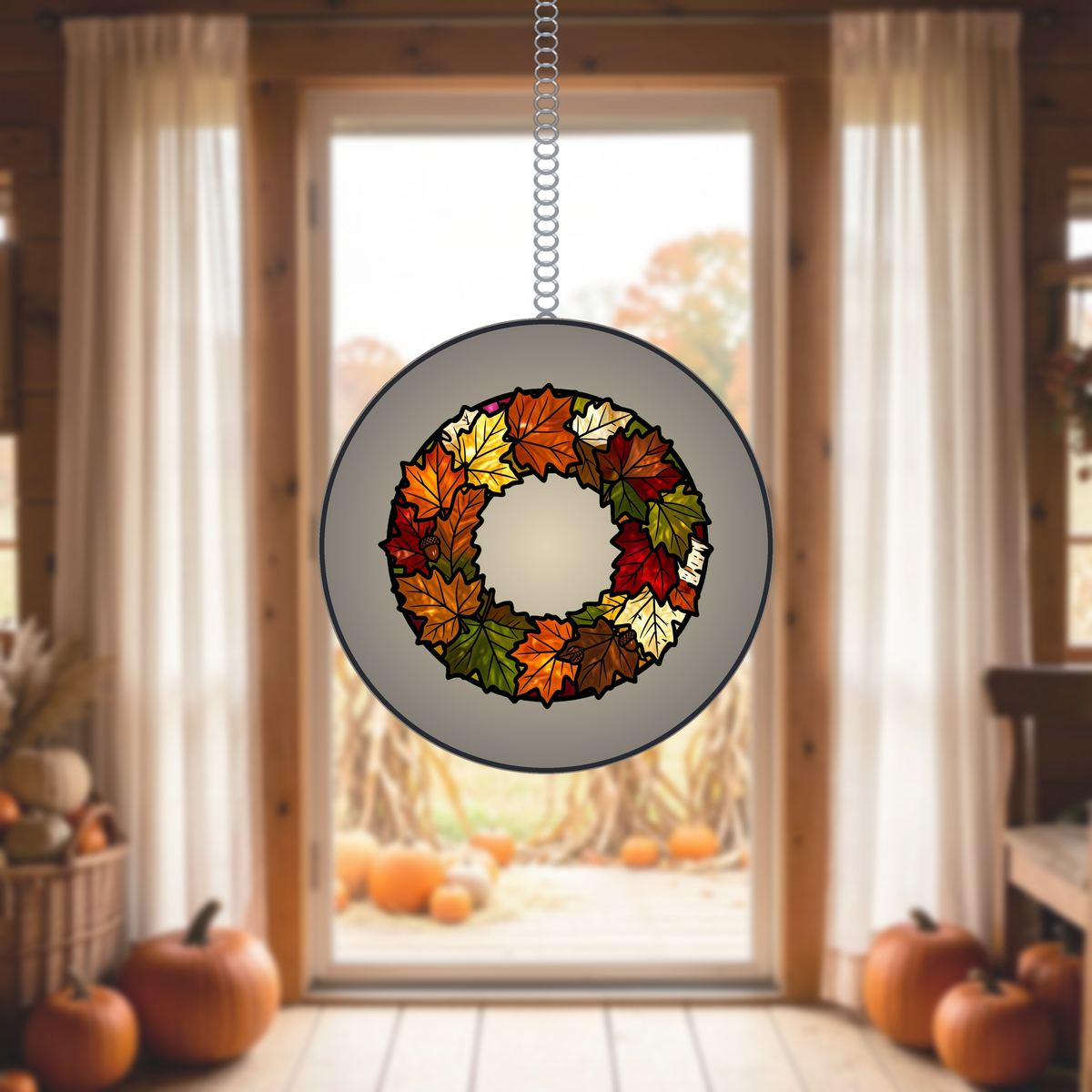 Fall Leaves Wreath Circle Stained Glass Suncatcher