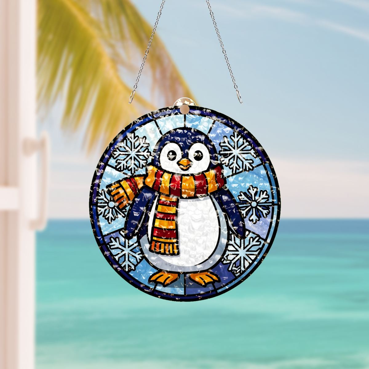 Penguin Scarf Snowflake Water Ripple Suncatcher