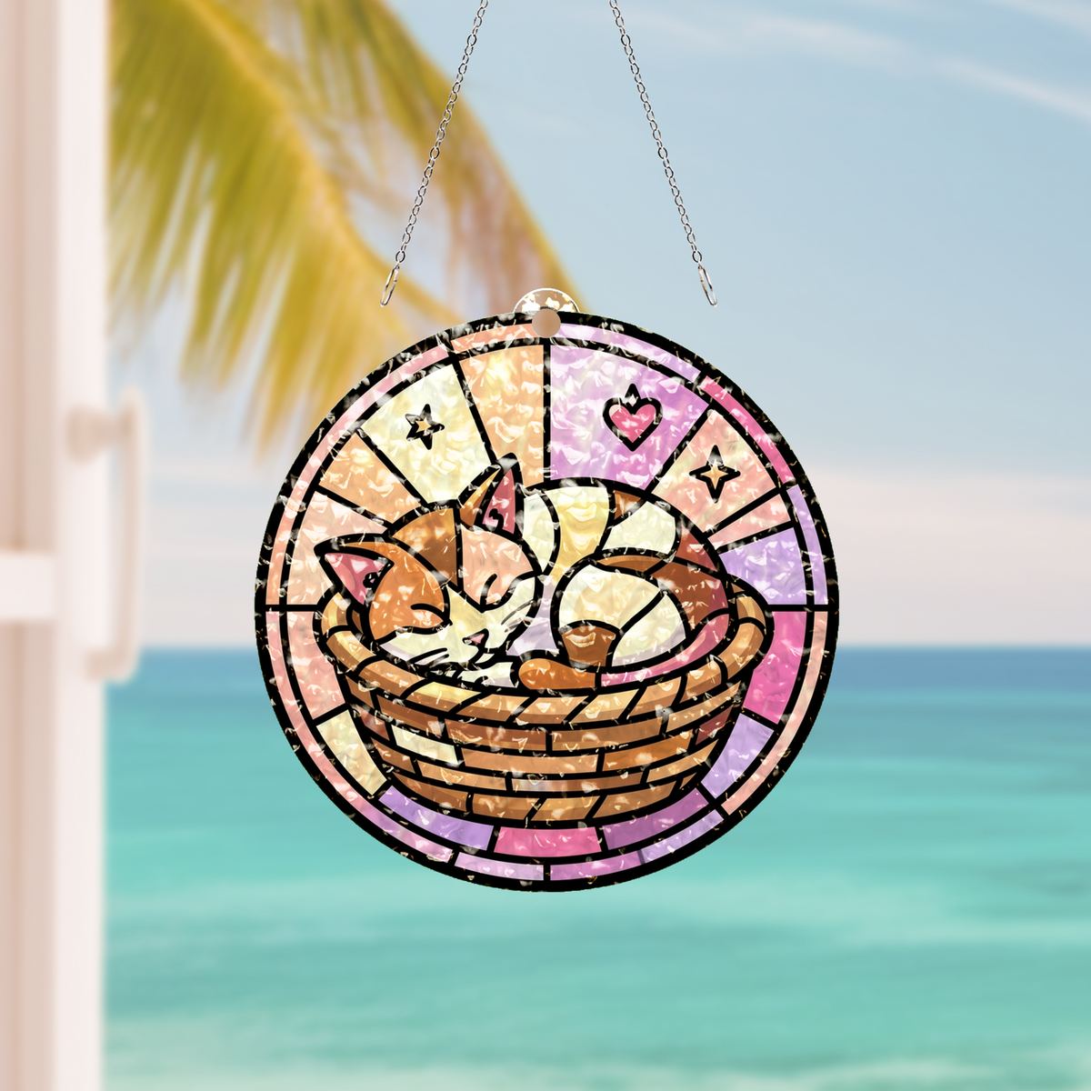 Sleeping Kitten Basket Circle Water Ripple Suncatcher
