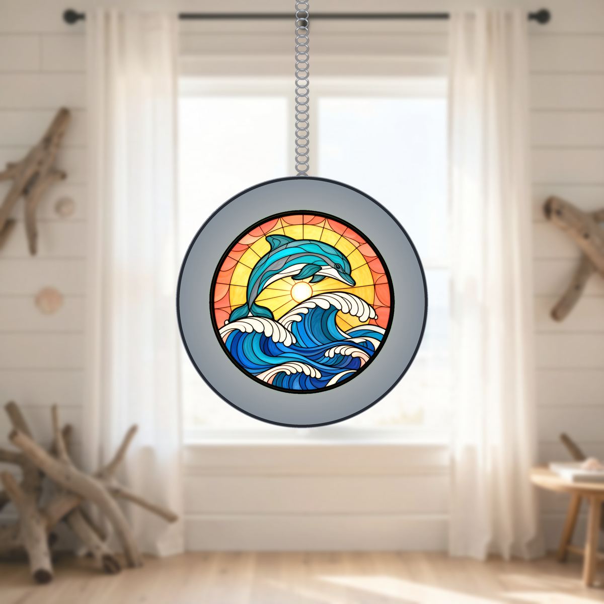 Dolphin Wave Circle Stained Glass Suncatcher