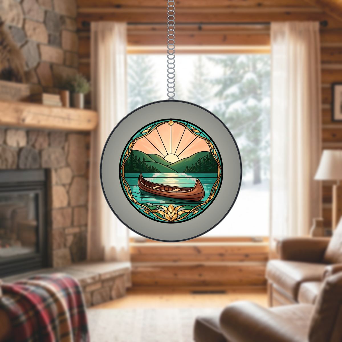 Canoe Lake Sunrise Circle Stained Glass Suncatcher