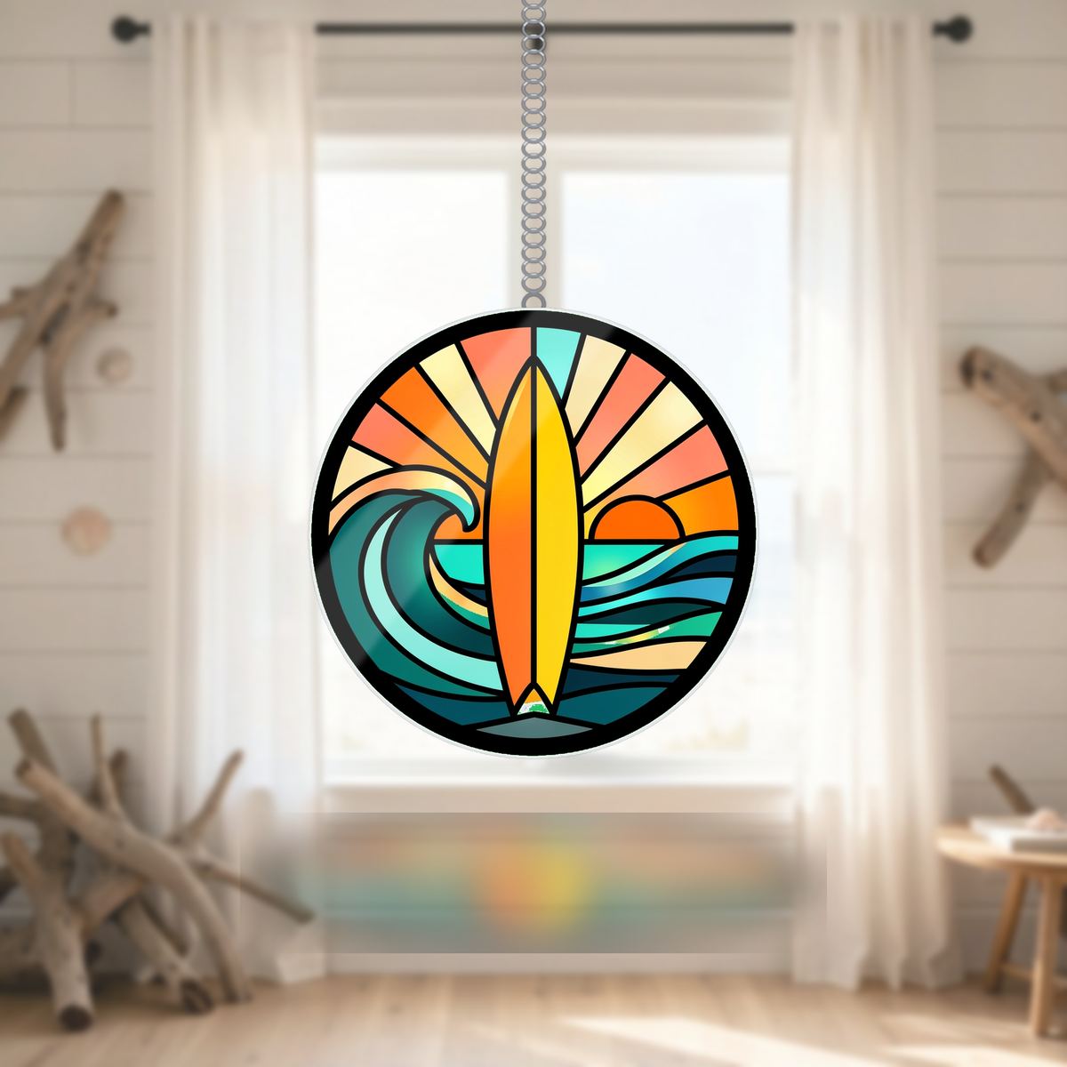 Surfboard Wave Sunset Circle Wavy Acrylic Suncatcher Ornament