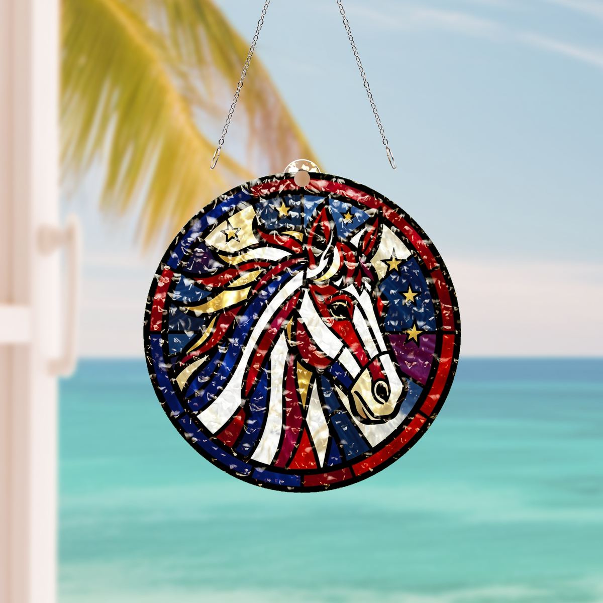 Patriotic Horse Stars Circle Water Ripple Suncatcher