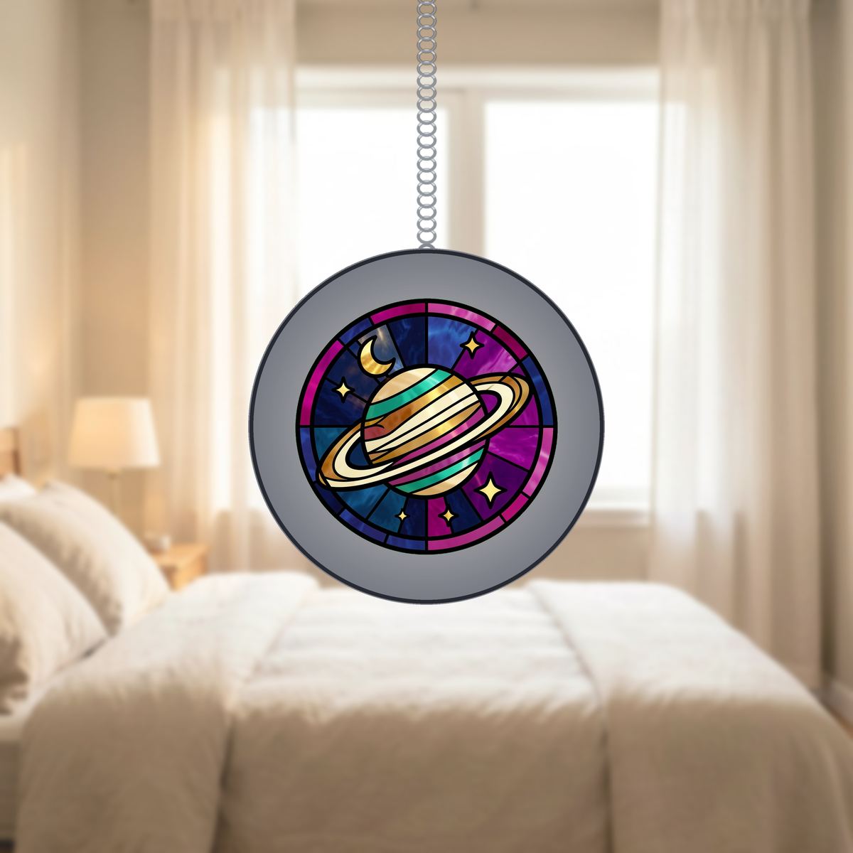 Ringed Planet Stars Circle Stained Glass Suncatcher