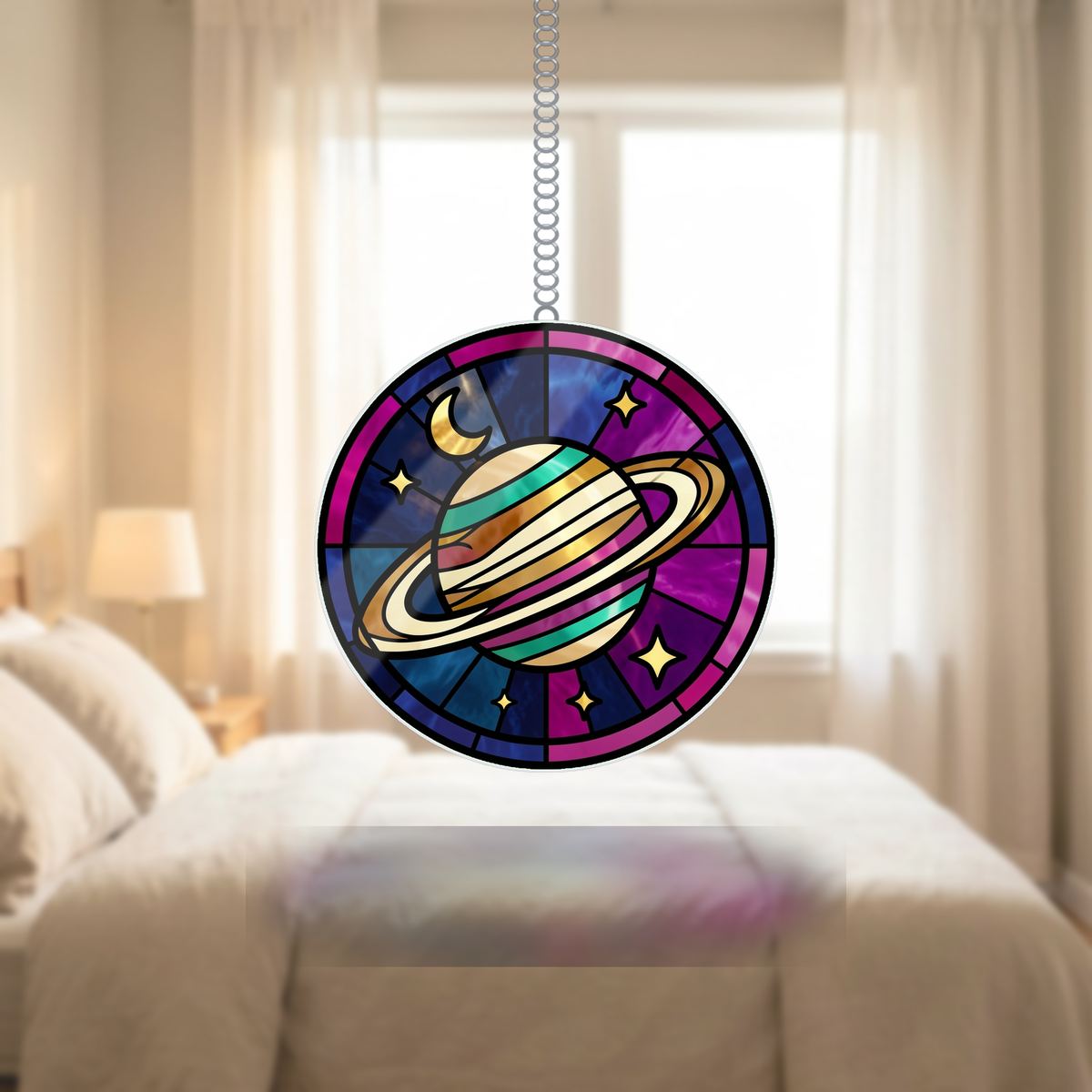 Ringed Planet Stars Circle Wavy Acrylic Suncatcher Ornament