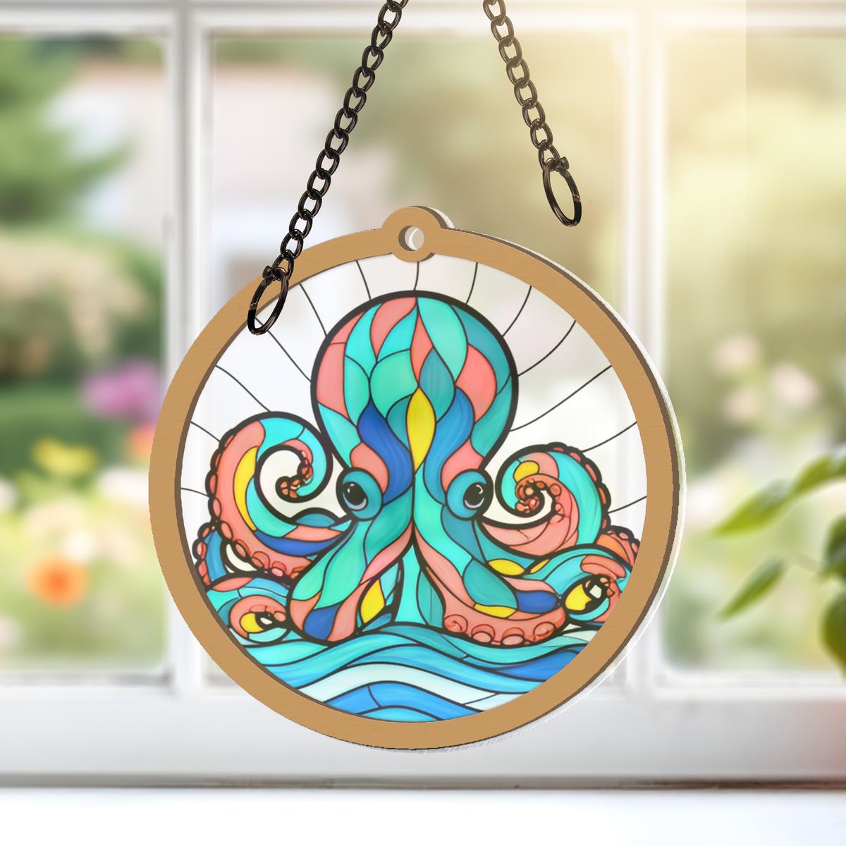 Curious Octopus Wave Circle Window Hanging Suncatcher