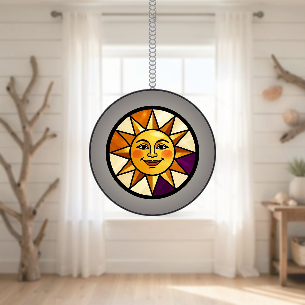 Radiant Sun Face Circle Stained Glass Suncatcher