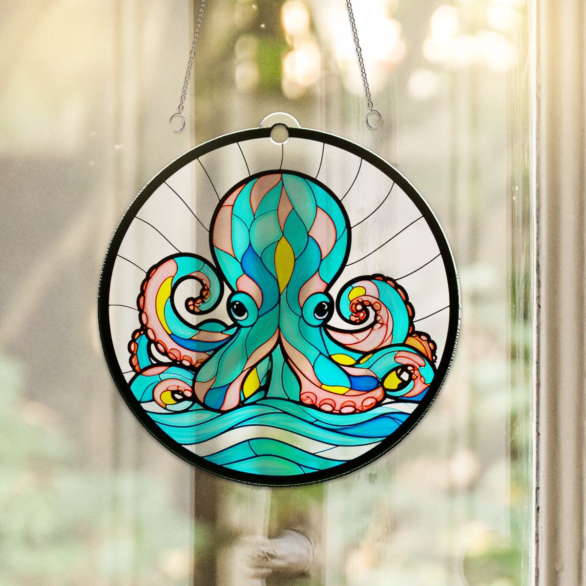 Curious Octopus Wave Circle Acrylic Suncatcher