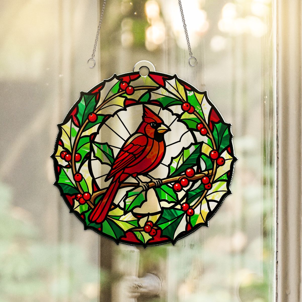 Cardinal Holly Wreath Circle Acrylic Suncatcher