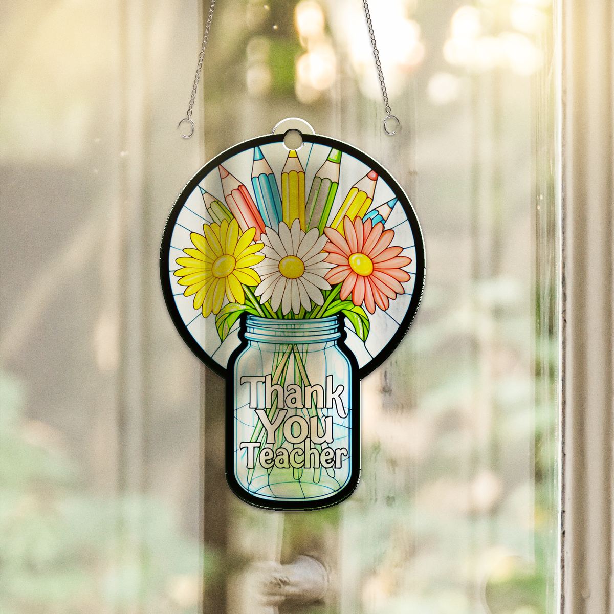 Teacher Flower Jar Circle Acrylic Suncatcher