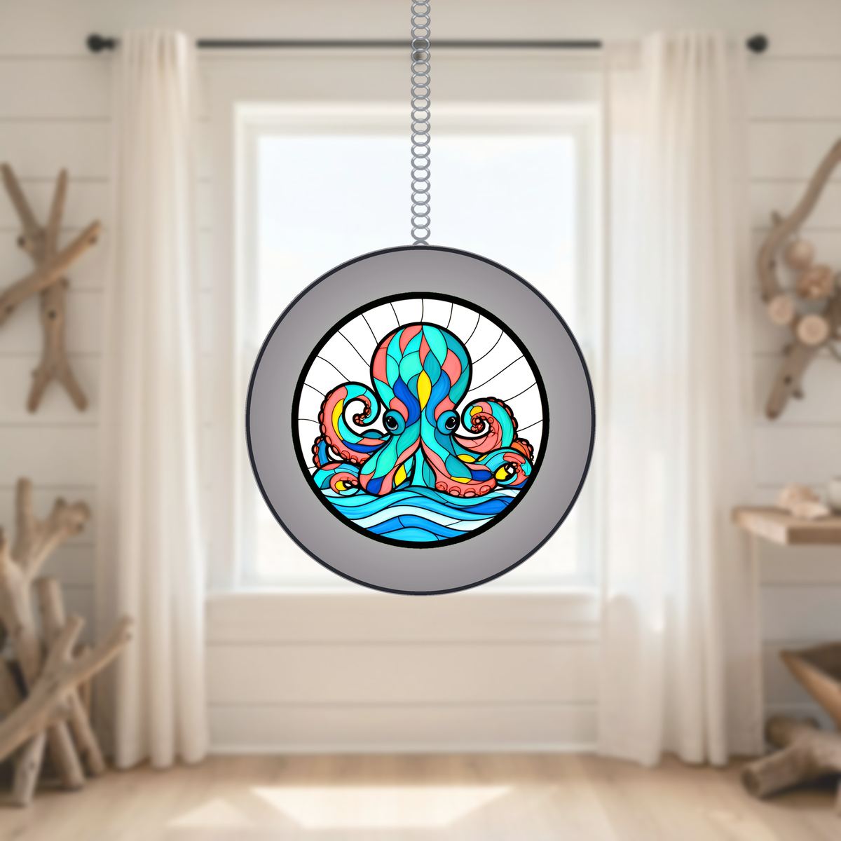 Curious Octopus Wave Circle Stained Glass Suncatcher