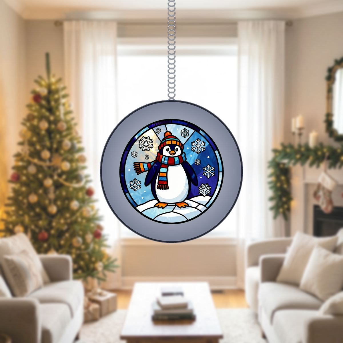 Winter Penguin Scarf Circle Stained Glass Suncatcher