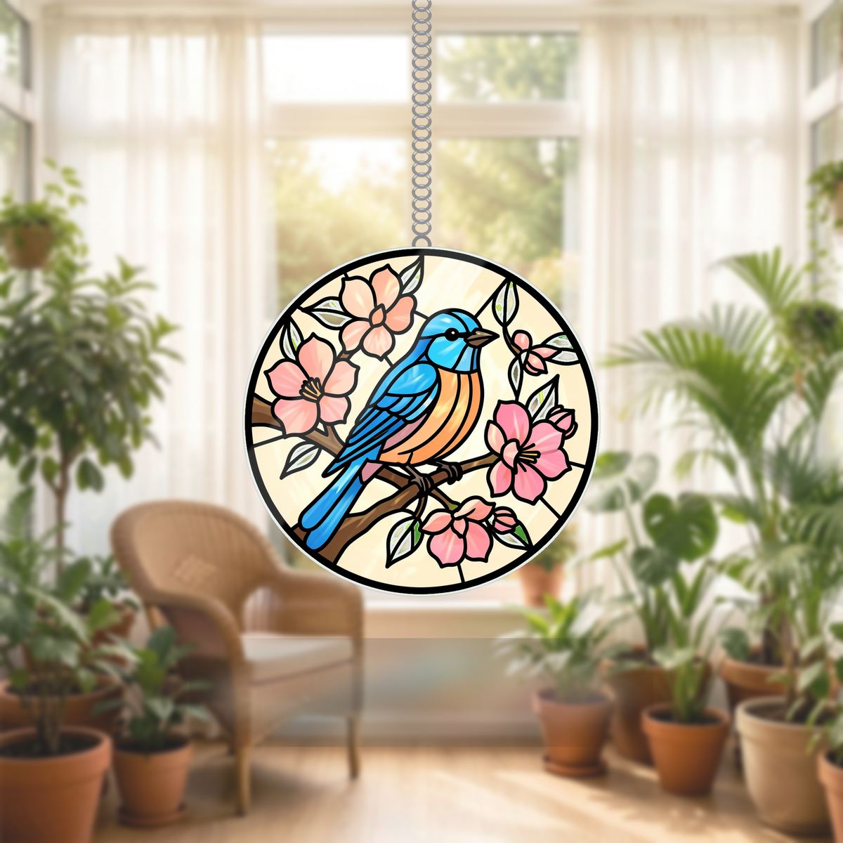 Bluebird Blossom Circle Wavy Acrylic Suncatcher Ornament