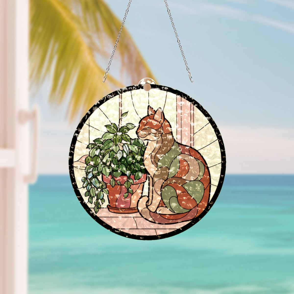 Cozy Cat Plant Window Water Ripple Suncatcher