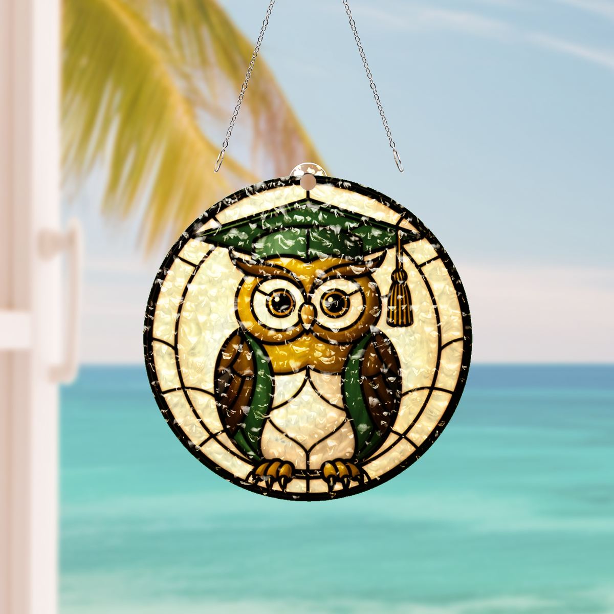 Wise Owl Graduation Cap Water Ripple Suncatcher