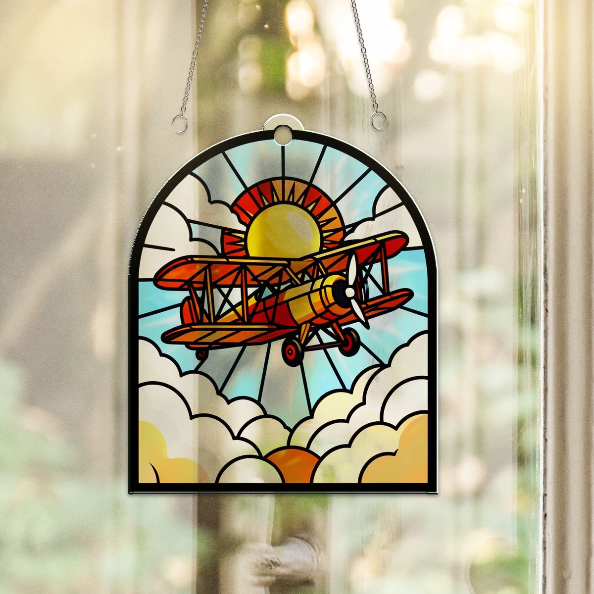 Vintage Biplane Clouds Arch Acrylic Suncatcher