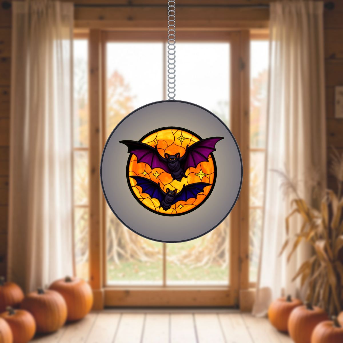 Bats Over Orange Moon Stained Glass Suncatcher