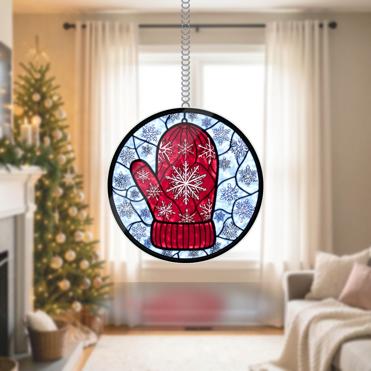 Knit Mitten Snowflake Circle Wavy Acrylic Suncatcher Ornament