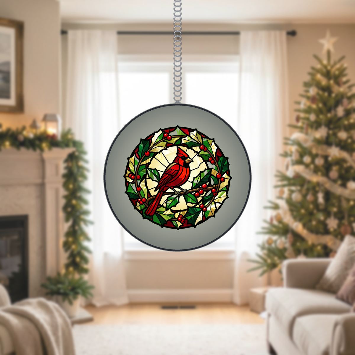 Cardinal Holly Wreath Circle Stained Glass Suncatcher