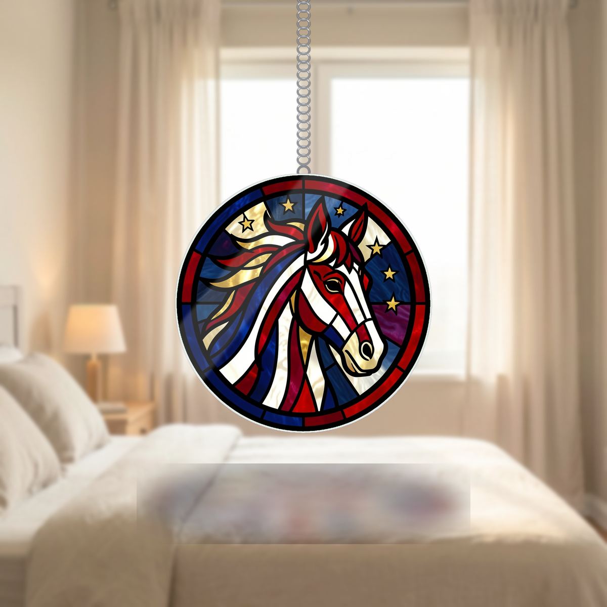 Patriotic Horse Stars Circle Wavy Acrylic Suncatcher Ornament