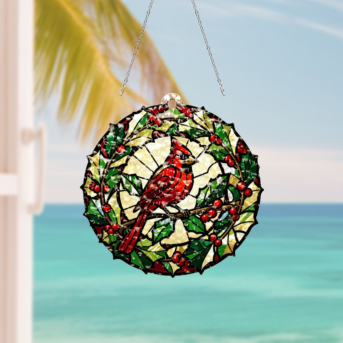 Cardinal Holly Wreath Circle Water Ripple Suncatcher
