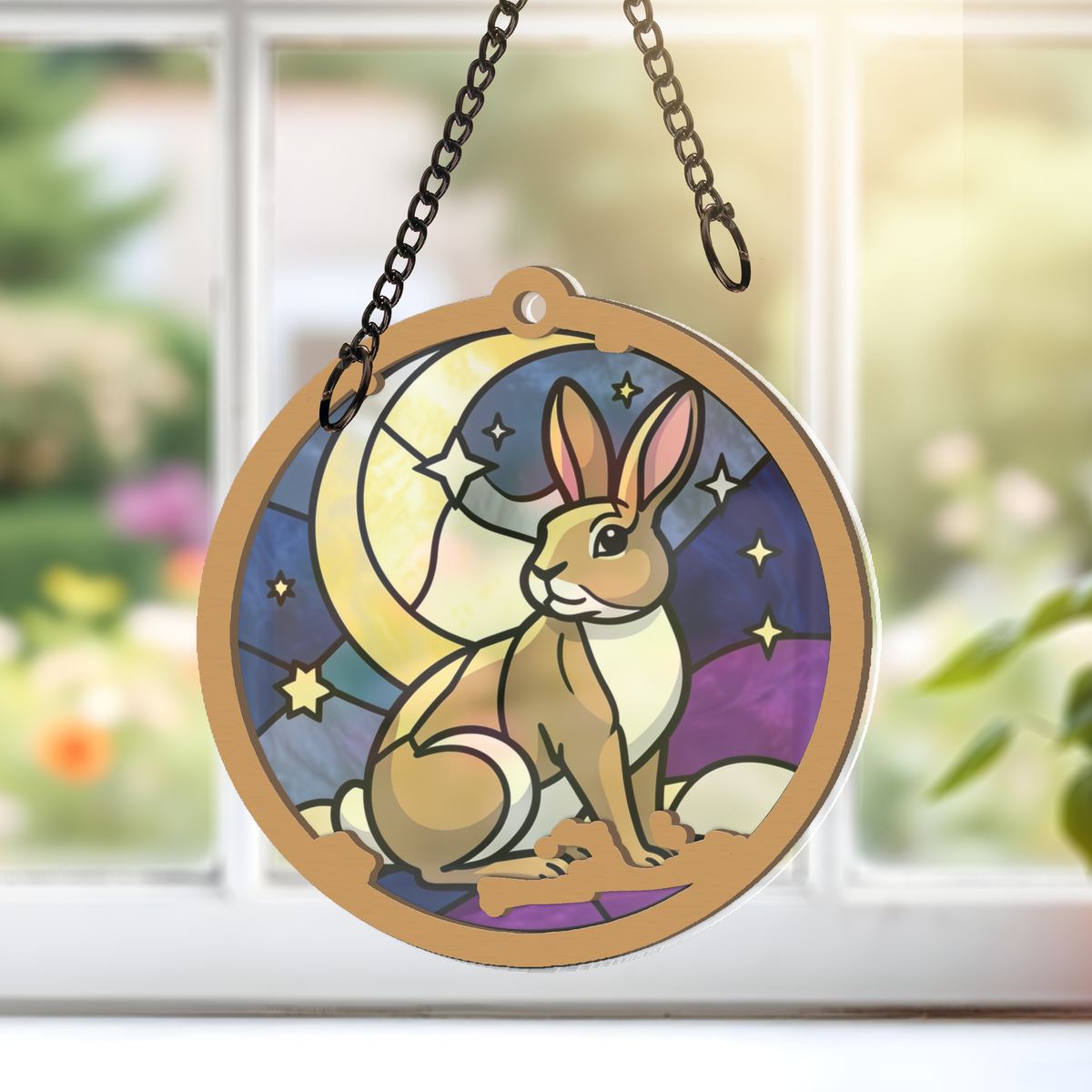 Moon Gazing Hare Circle Window Hanging Suncatcher