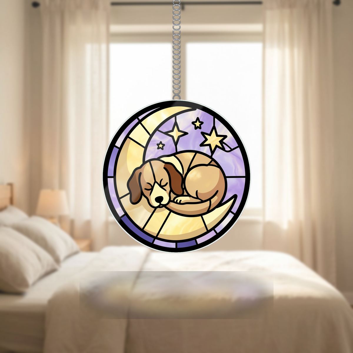 Sleeping Puppy Moon Circle Wavy Acrylic Suncatcher Ornament