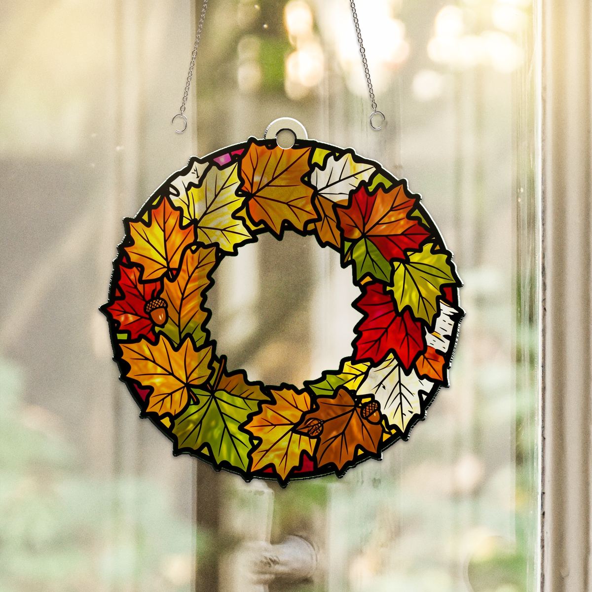 Fall Leaves Wreath Circle Acrylic Suncatcher