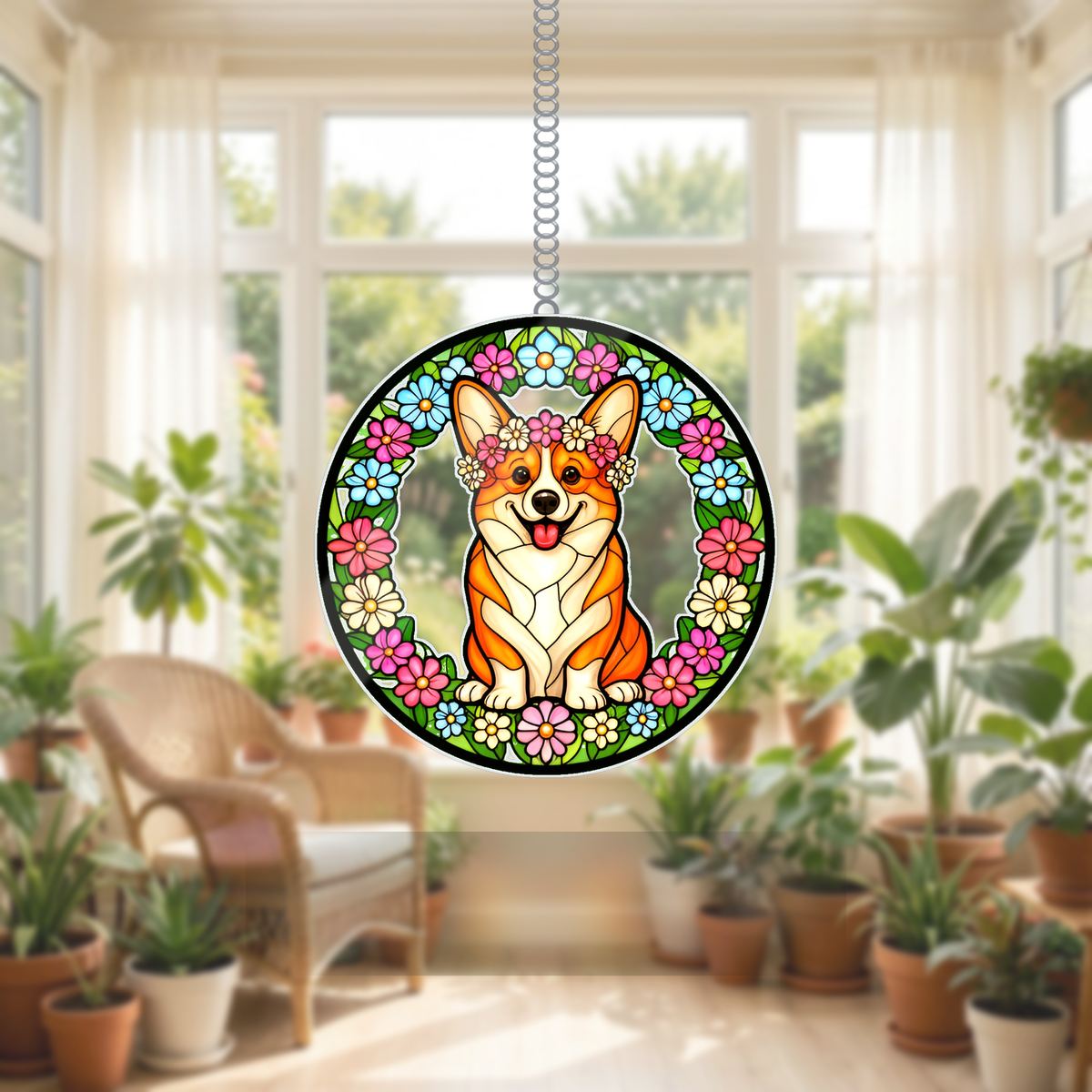 Corgi Wildflower Circle Wavy Acrylic Suncatcher Ornament