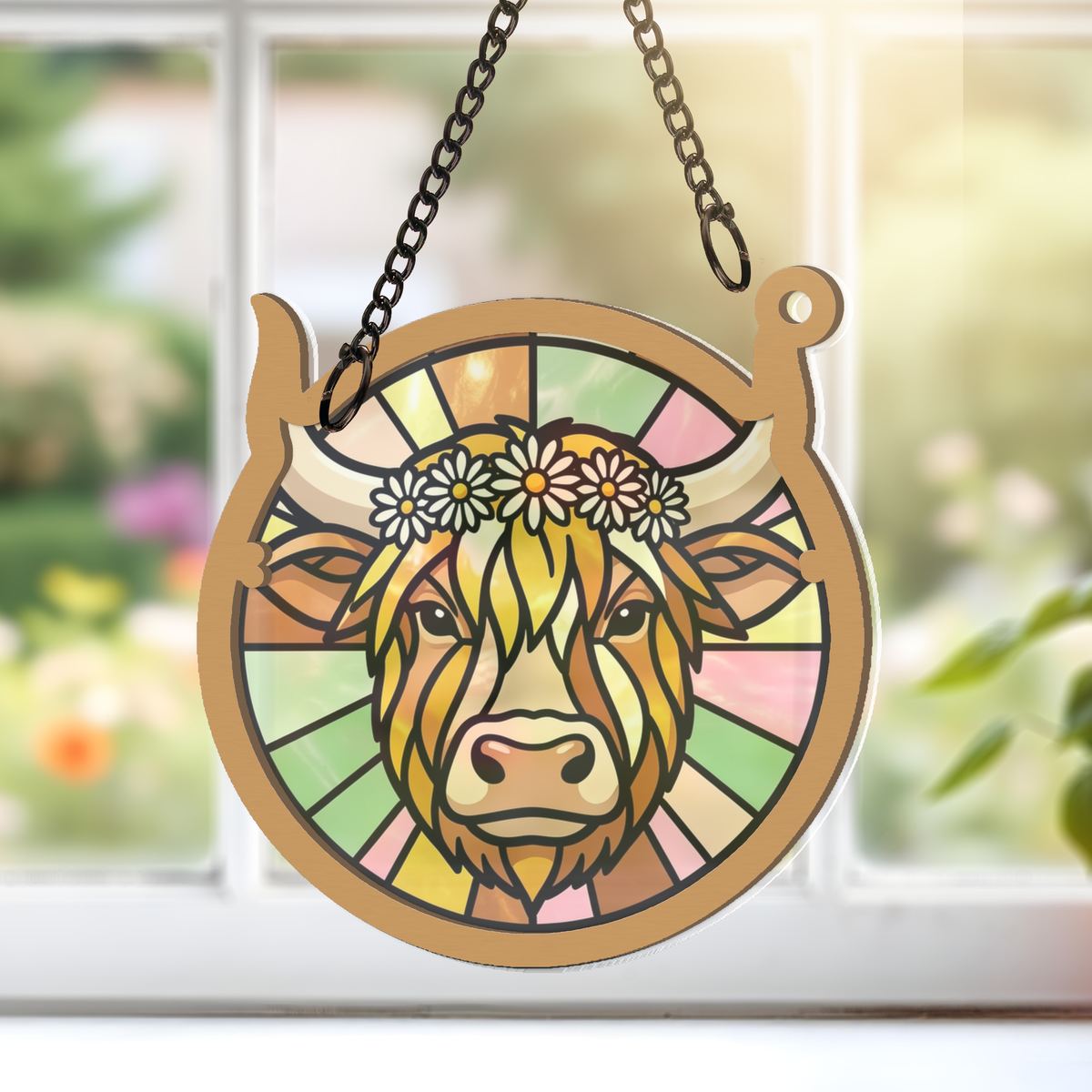 Highland Cow Wildflower Circle Window Hanging Suncatcher