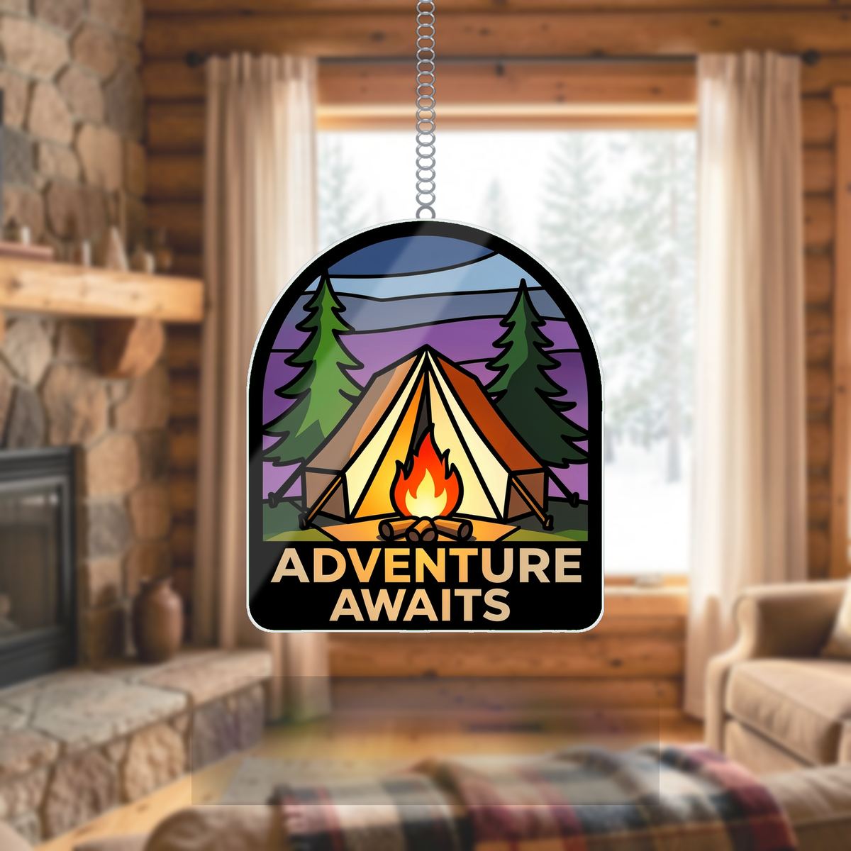 Camping Tent Campfire Arch Wavy Acrylic Suncatcher Ornament