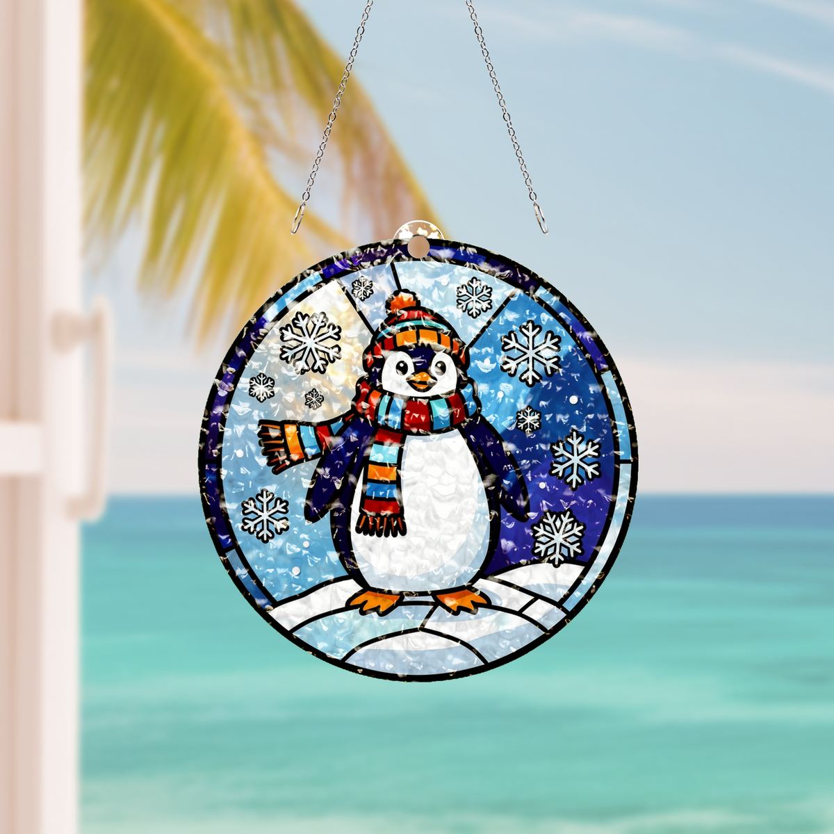 Winter Penguin Scarf Circle Water Ripple Suncatcher