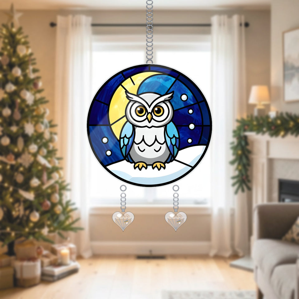 Snowy Owl Winter Moon Suncatcher Ornament with Pendants