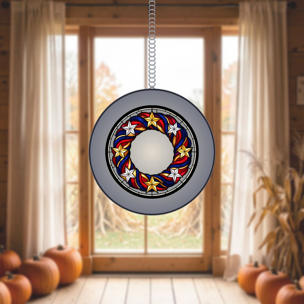 Patriotic Star Wreath Stained Glass Suncatcher