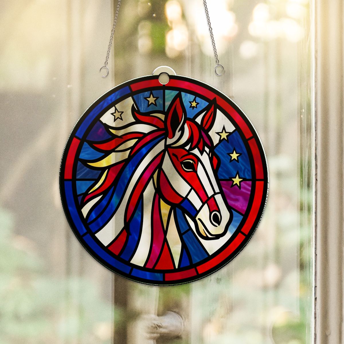 Patriotic Horse Stars Circle Acrylic Suncatcher