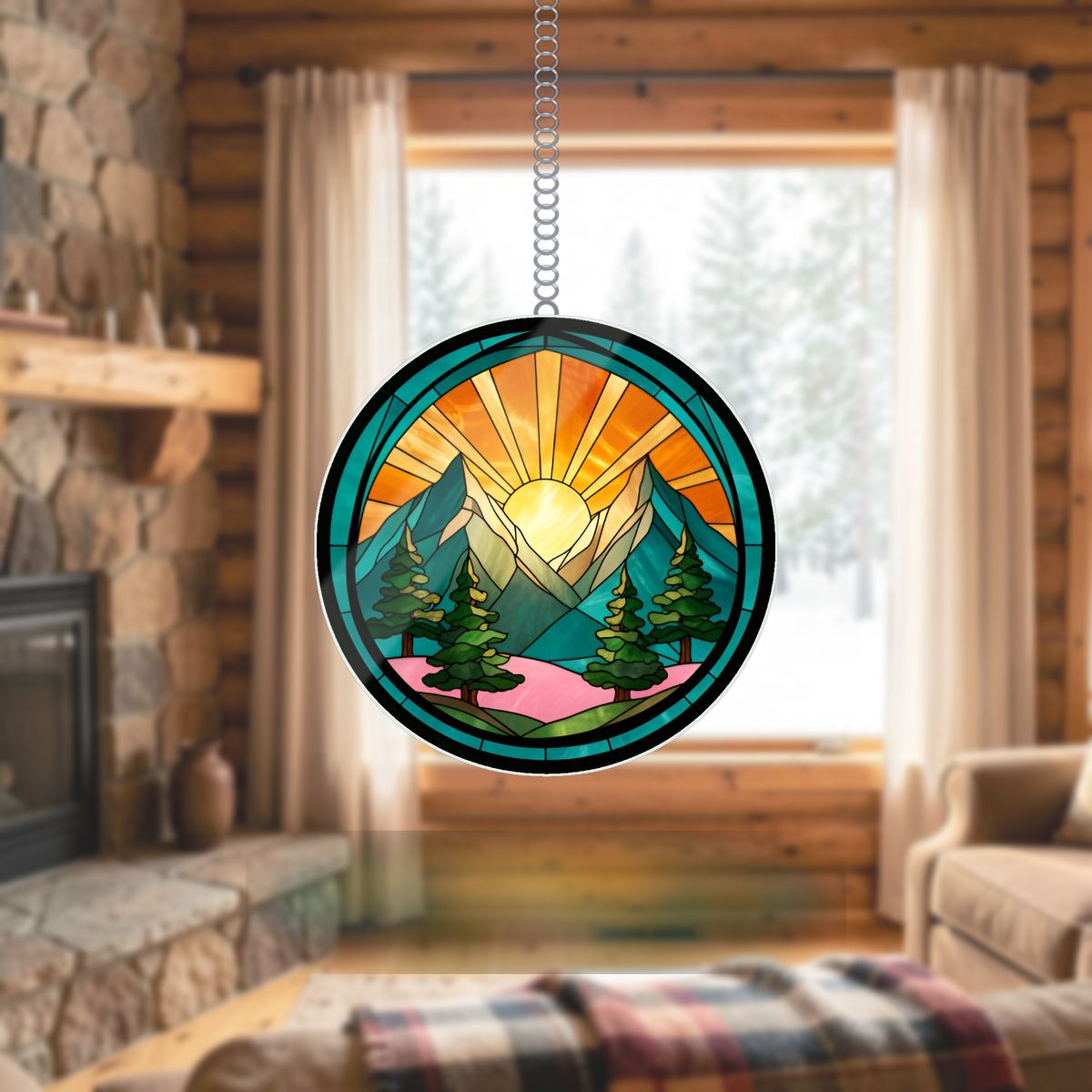 Mountain Pine Sunrise Circle Wavy Acrylic Suncatcher Ornament