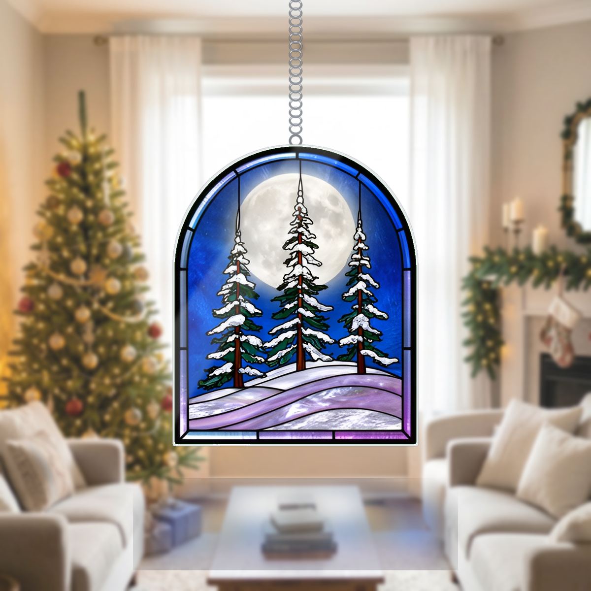 Snowy Evergreen Forest Arch Wavy Acrylic Suncatcher Ornament